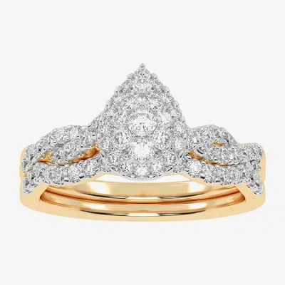 Modern Bride Womens 1/2 Ct. T.w. Natural White Diamond 10k White Gold Pear Side Stone Halo Bridal Set