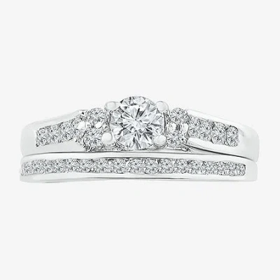 Modern Bride Womens 1/2 Ct. T.w. Natural White Diamond 10k White Gold Round Bridal Set In Silver