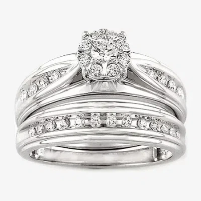 Modern Bride Womens 1/2 Ct. T.w. Natural White Diamond 10k White Gold Round Side Stone Bridal Set In Silver