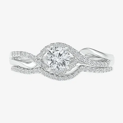 Modern Bride Womens 1/2 Ct. T.w. Natural White Diamond 10k White Gold Round Side Stone Crossover Bridal Set In Silver