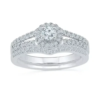 Modern Bride Womens 1/2 Ct. T.w. Natural White Diamond 10k White Gold Round Side Stone Halo Bridal Set In Silver