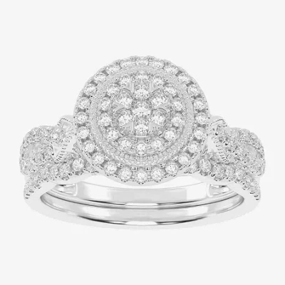 Modern Bride Womens 1/2 Ct. T.w. Natural White Diamond 10k White Gold Round Side Stone Halo Bridal Set In Silver