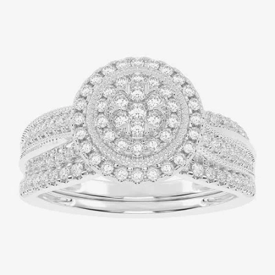 Modern Bride Womens 1/2 Ct. T.w. Natural White Diamond 10k White Gold Round Side Stone Halo Bridal Set In Silver