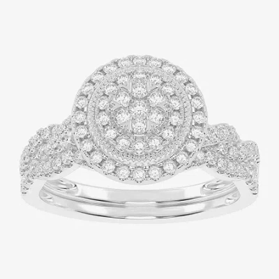 Modern Bride Womens 1/2 Ct. T.w. Natural White Diamond 10k White Gold Round Side Stone Halo Bridal Set In Silver