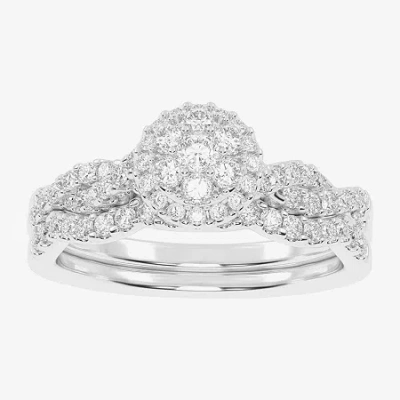 Modern Bride Womens 1/2 Ct. T.w. Natural White Diamond 10k White Gold Round Side Stone Halo Bridal Set In Silver