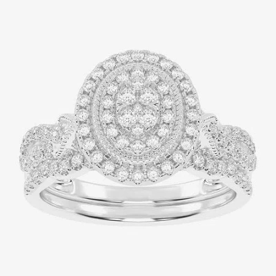 Modern Bride Womens 1/2 Ct. T.w. Natural White Diamond 10k White Gold Round Side Stone Halo Bridal Set In Silver