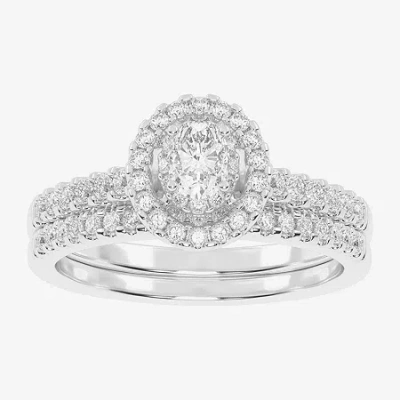 Modern Bride Womens 1/2 Ct. T.w. Natural White Diamond 10k White Gold Round Side Stone Halo Bridal Set In Silver