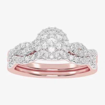 Modern Bride Womens 1/2 Ct. T.w. Natural White Diamond 10k White Gold Round Side Stone Halo Bridal Set In Pink