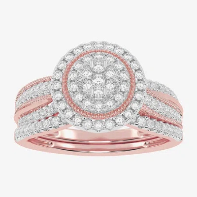 Modern Bride Womens 1/2 Ct. T.w. Natural White Diamond 10k White Gold Round Side Stone Halo Bridal Set In Pink
