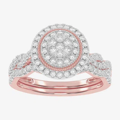 Modern Bride Womens 1/2 Ct. T.w. Natural White Diamond 10k White Gold Round Side Stone Halo Bridal Set In Pink