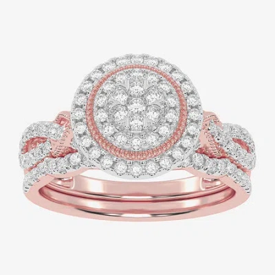 Modern Bride Womens 1/2 Ct. T.w. Natural White Diamond 10k White Gold Round Side Stone Halo Bridal Set In Metallic