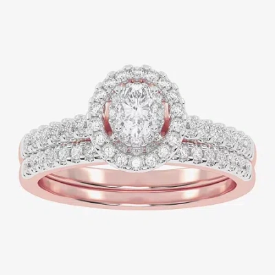 Modern Bride Womens 1/2 Ct. T.w. Natural White Diamond 10k White Gold Round Side Stone Halo Bridal Set In Pink