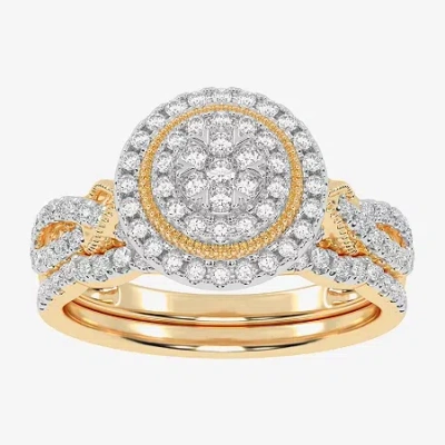 Modern Bride Womens 1/2 Ct. T.w. Natural White Diamond 10k White Gold Round Side Stone Halo Bridal Set