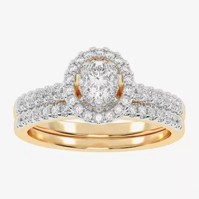 Modern Bride Womens 1/2 Ct. T.w. Natural White Diamond 10k White Gold Round Side Stone Halo Bridal Set