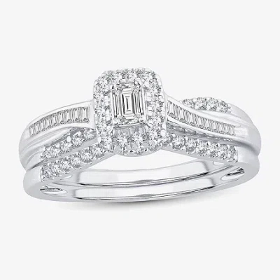 Modern Bride Womens 1/2 Ct. T.w. Natural White Diamond 10k White Gold Side Stone Halo Bridal Set