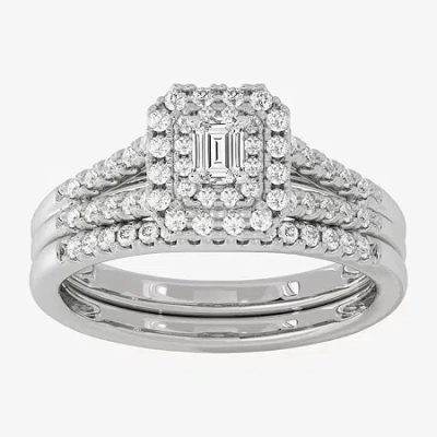 Modern Bride Womens 1/2 Ct. T.w. Natural White Diamond 10k White Gold Side Stone Halo Bridal Set In Silver