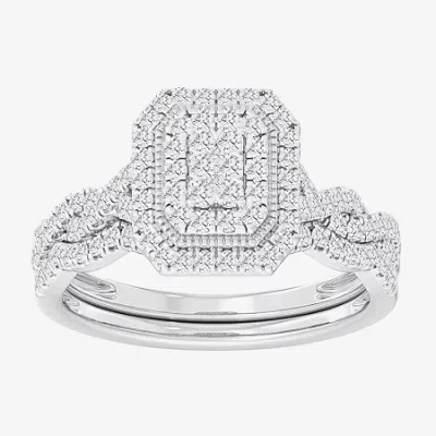 Modern Bride Womens 1/2 Ct. T.w. Natural White Diamond 10k White Gold Side Stone Halo Bridal Set In Silver