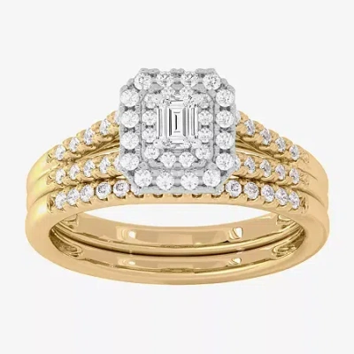 Modern Bride Womens 1/2 Ct. T.w. Natural White Diamond 10k White Gold Side Stone Halo Bridal Set In Yellow