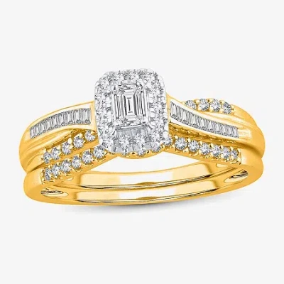 Modern Bride Womens 1/2 Ct. T.w. Natural White Diamond 10k White Gold Side Stone Halo Bridal Set In Yellow