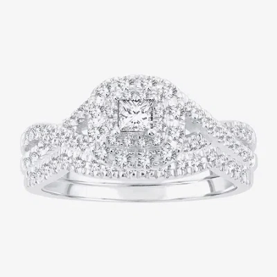 Modern Bride Womens 1/2 Ct. T.w. Natural White Diamond 14k Gold Cushion Side Stone Halo Bridal Set In Silver