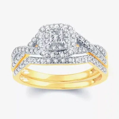 Modern Bride Womens 1/2 Ct. T.w. Natural White Diamond 14k Gold Cushion Side Stone Halo Bridal Set In Brown