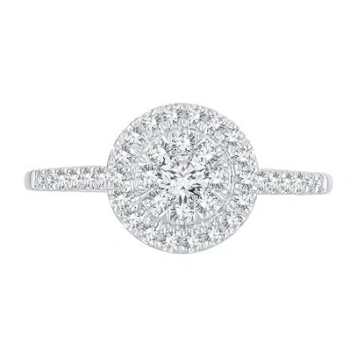 Modern Bride Womens 1/2 Ct. T.w. Natural White Diamond 14k White Gold Round Side Stone Halo Engagement Ring