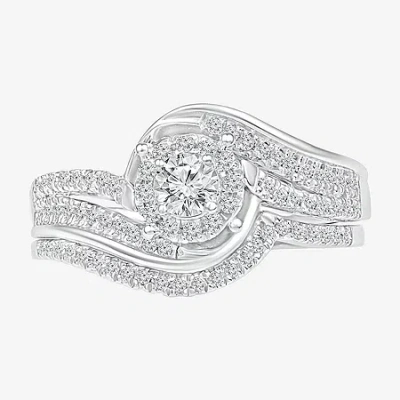 Modern Bride Womens 1/2 Ct. T.w. Natural White Diamond Sterling Silver Round Halo Bypass Bridal Set