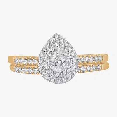 Modern Bride Womens 1/2 Ct.t.w. Natural Diamond 10k Or 14k Gold Pear Side Stone Halo Bridal Set