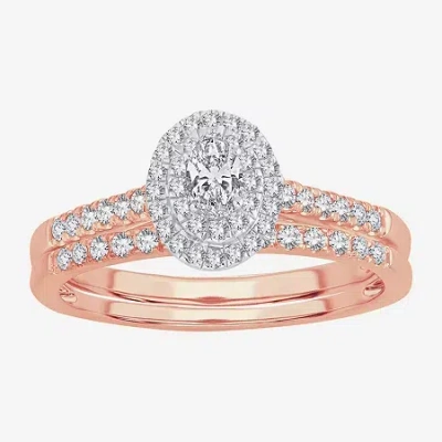 Modern Bride Womens 1/2 Ct.t.w. Natural Diamond 10k Or 14k Rose Gold Oval Halo Bridal Set