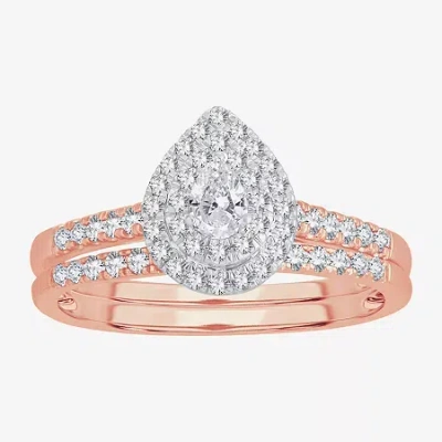 Modern Bride Womens 1/2 Ct.t.w. Natural Diamond 10k Or 14k Rose Gold Pear Halo Bridal Set In Pink