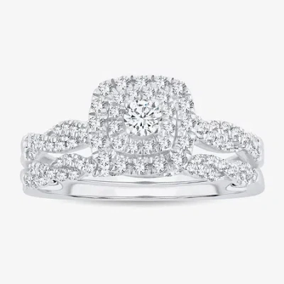 Modern Bride Womens 1/2 Ct.t.w. Natural Diamond 10k Or 14k White Gold Cushion Halo Bridal Set In Silver