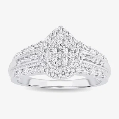 Modern Bride Womens 1/2 Ct.t.w. Natural Diamond 10k Or 14k White Gold Pear Side Stone Halo Engagement Ring