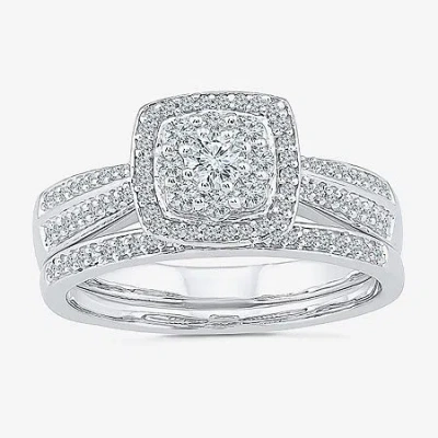 Modern Bride Womens 1/2 Ct.t.w. Natural Diamond 10k White Gold Bridal Set In Silver