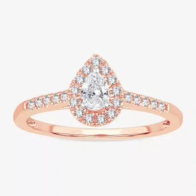Modern Bride Womens 1/3 Ct. T.w. Natural White Diamond 10k Rose Gold Pear Side Stone Halo Engagement Ring In Pink