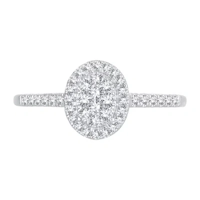 Modern Bride Womens 1/3 Ct. T.w. Natural White Diamond 10k White Gold Oval Side Stone Engagement Ring