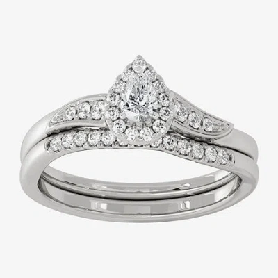 Modern Bride Womens 1/3 Ct. T.w. Natural White Diamond 10k White Gold Pear Side Stone Halo Bridal Set