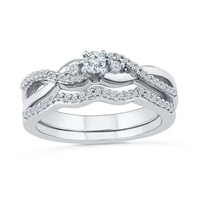 Modern Bride Womens 1/3 Ct. T.w. Natural White Diamond 10k White Gold Round Bypass Crossover Bridal Set In Silver