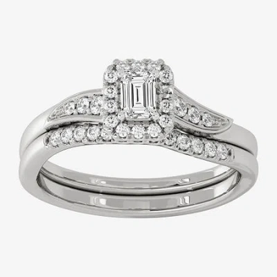 Modern Bride Womens 1/3 Ct. T.w. Natural White Diamond 10k White Gold Side Stone Halo Bridal Set