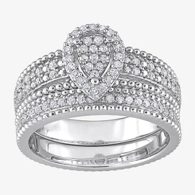Modern Bride Womens 1/3 Ct. T.w. Natural White Diamond Sterling Silver Pear Side Stone Halo Bridal Set