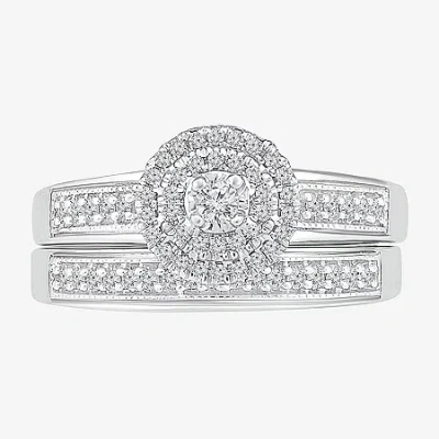 Modern Bride Womens 1/3 Ct. T.w. Natural White Diamond Sterling Silver Round Side Stone Halo Bridal Set