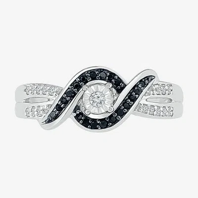 Modern Bride Womens 1/5 Ct. Natural Black Diamond Sterling Silver Round Crossover Side Stone Promise Ring In Multi