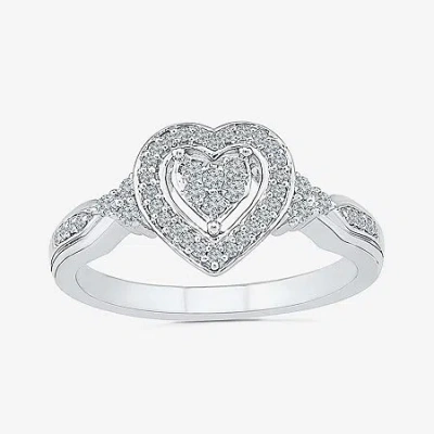 Modern Bride Womens 1/5 Ct. Natural White Diamond Sterling Silver Heart Side Stone Halo Engagement Ring In Transparent