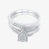 Modern Bride Womens 1/5 Ct. Natural White Diamond Sterling Silver Pear Halo Bridal Set In Silver