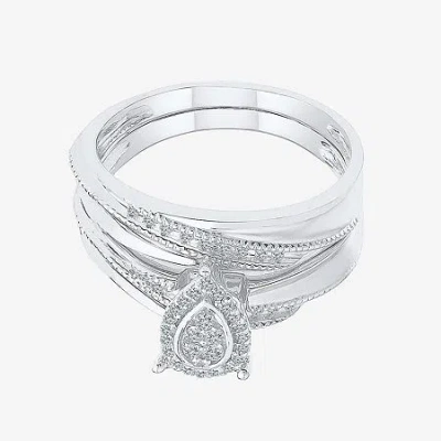 Modern Bride Womens 1/5 Ct. Natural White Diamond Sterling Silver Pear Halo Bridal Set