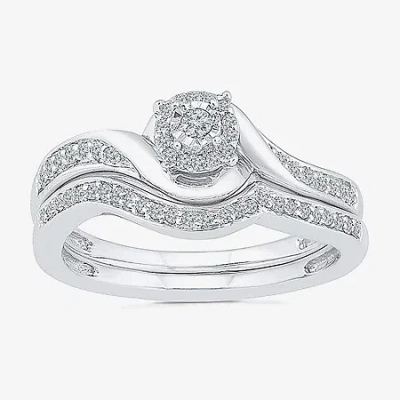 Modern Bride Womens 1/5 Ct. Natural White Diamond Sterling Silver Round Side Stone Halo Bridal Set