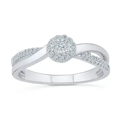 Modern Bride Womens 1/5 Ct. Natural White Diamond Sterling Silver Round Side Stone Halo Promise Ring In Transparent