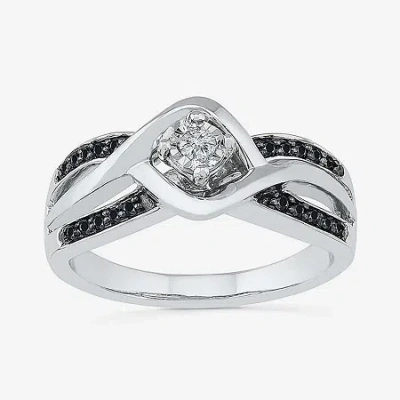 Modern Bride Womens 1/8 Ct. T.w. Natural Black Diamond Sterling Silver Round Crossover Side Stone Promise Ring In Transparent