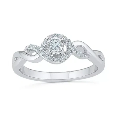 Modern Bride Womens 1/8 Ct. T.w. Natural White Diamond Sterling Silver Round Side Stone Halo Promise Ring In Transparent