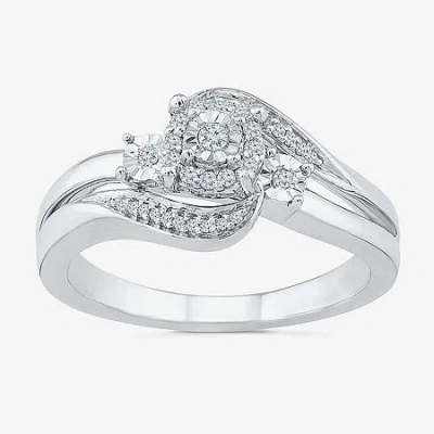 Modern Bride Womens 1/8 Ct. T.w. Natural White Diamond Sterling Silver Round Side Stone Halo Promise Ring In Transparent