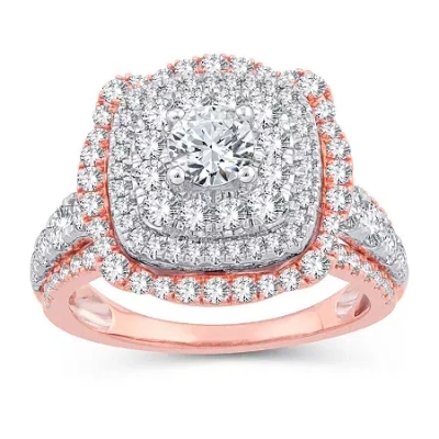 Modern Bride Womens 2 1/4 Ct. T.w. Natural White Diamond 10k Gold 10k Rose Gold Cushion Side Stone Halo Engagemen In Red